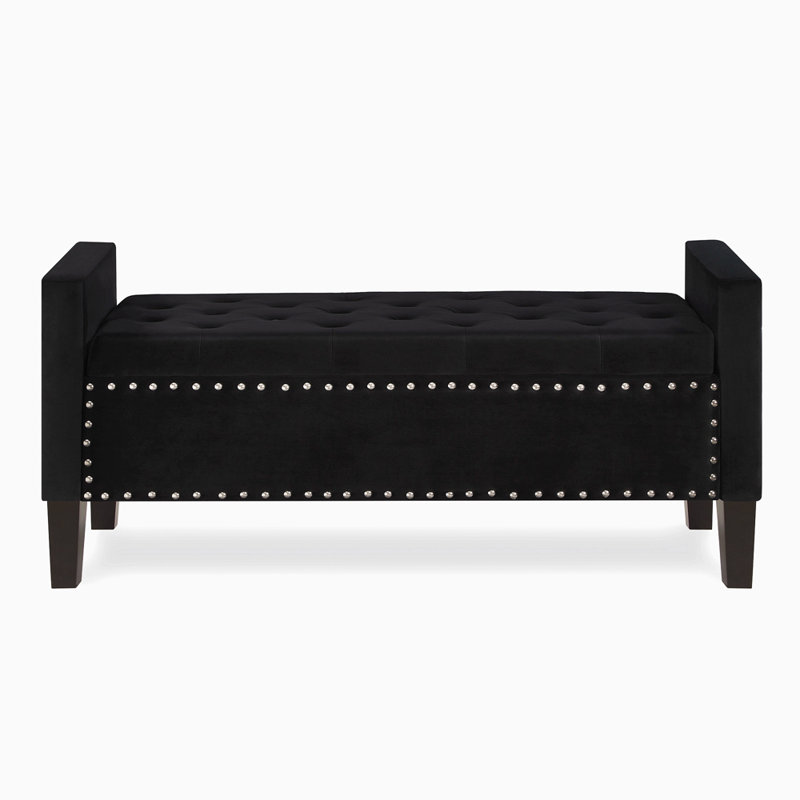 Upholstered Tufted Button Storage Bench With Nails Trim,Entryway Living Room Soft Padded Seat With Armrest,Bed Bench , Black