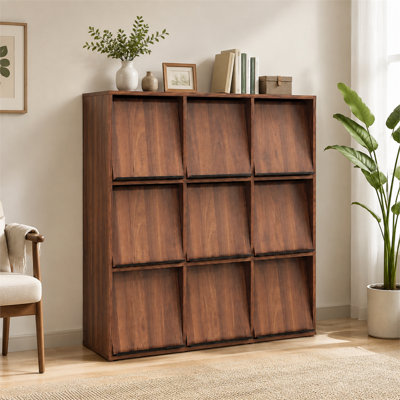 Walnut 9 Cube Storage Bookcase 3 by 3 Cube Organizer with Flip Doors Magazine Display Slots Particle Board MDF Freestanding Display Bookshelf for Living Room Bedroom and Home Office