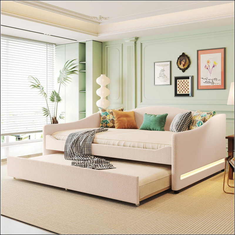 Charming Teddy Fleece Upholstered Daybed With Trundle And Artistic Design, Perfect For Relaxation And Sleepovers.