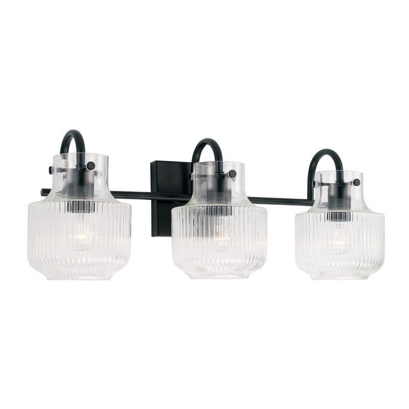 Meuble-lavabo 3 lumières l 24 po x H 9 po en nickel poli avec verre cannelé transparent, Noir mat