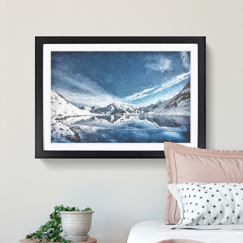 Winter Mountain Reflection - Picture Frame Painting Print, 48cm H x 65cm W x 2cm D, Black Framed