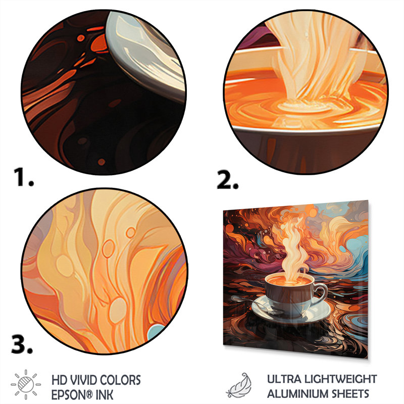 «Yellow Steaming Cup Of Coffee III» - art mural en métal café, H 16 po x l 16 po x P 1 po