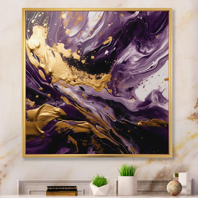 Magie liquide mauve et or I - impressions sur toile abstraites, H 24 po x l 24 po x P 1 po, Cadre flottant doré