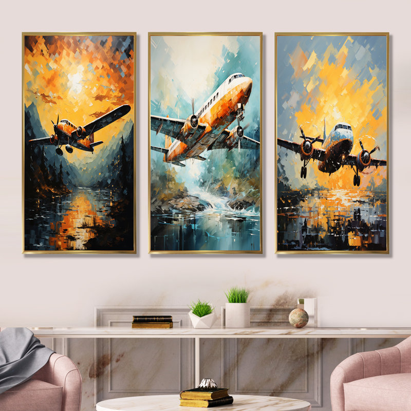 In Flight Plane Horizons - Ensemble de 3 impressions sur toile, Cadre flottant doré, H 40 po x l 60 po