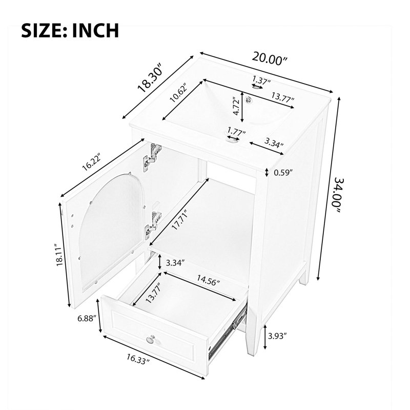 20" Black MDF Bathroom Vanity with Ceramic Sink and Glass Door
