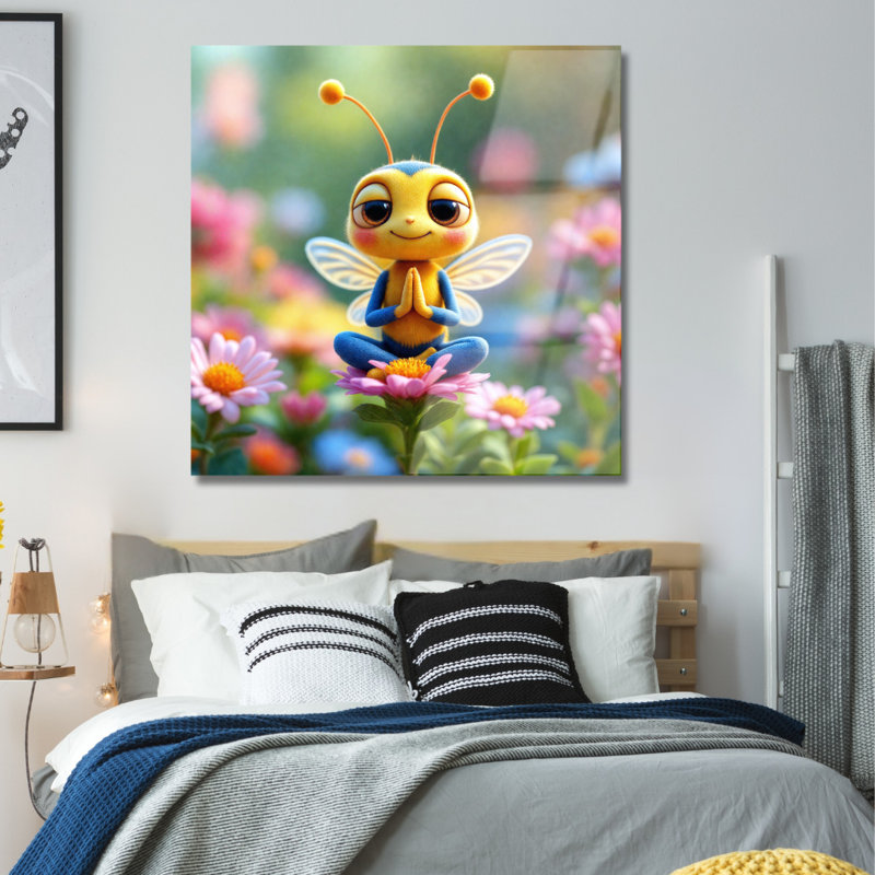 Art mural en verre trempé Yoga Bee, H 14 po x l 14 po