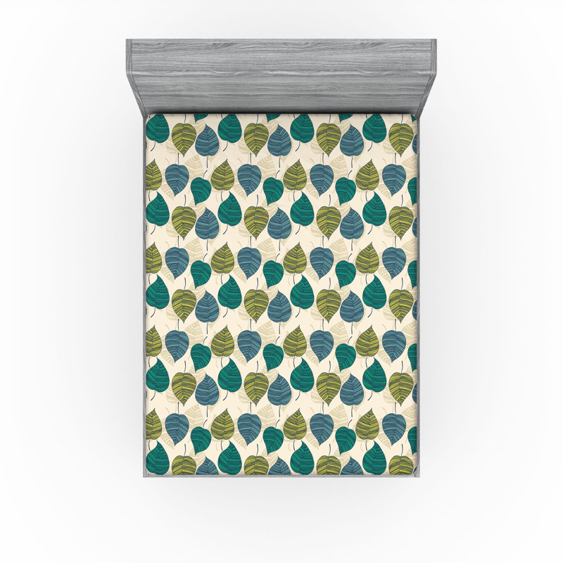 Ambesonne Nature Fitted Sheet Leaves Botanical Style Art, Jade Green/Pale Khaki Floral, Queen Fitted Sheet