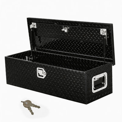 Coffre à outils robuste en aluminium à damier, verrouillable, pour plateau de camionnette - Coffre de rangement résistant aux intempéries et à la corrosion, couvercle étanche, poignées latérales, clés pour timon de camionnette/remorque/camping-car - Noir, 99 x 33 x 25 cm