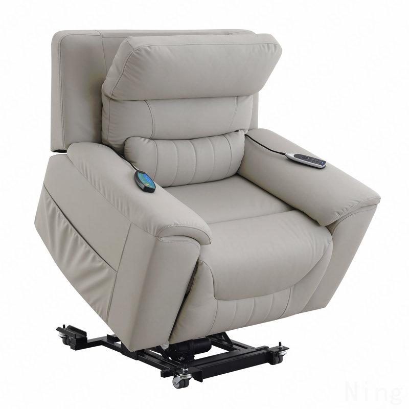 Light Gray Silicone Synthetic Leather Power Lift Recliner - Heating, Massage Function