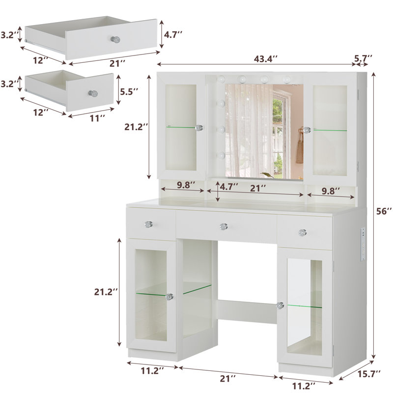 Grand meuble-lavabo 43 "avec plateau en verre et armoire