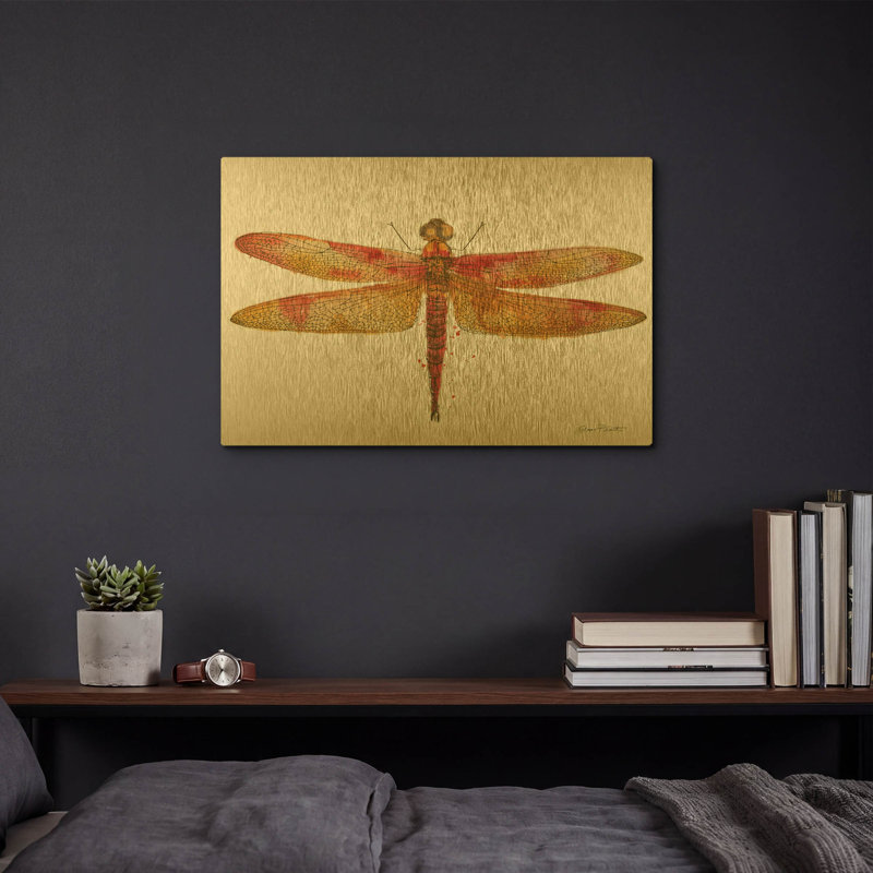 «Dragonfly Bliss 1» par Jean Plout, art mural en métal doré, 16 po x 12 po, 16"x12"
