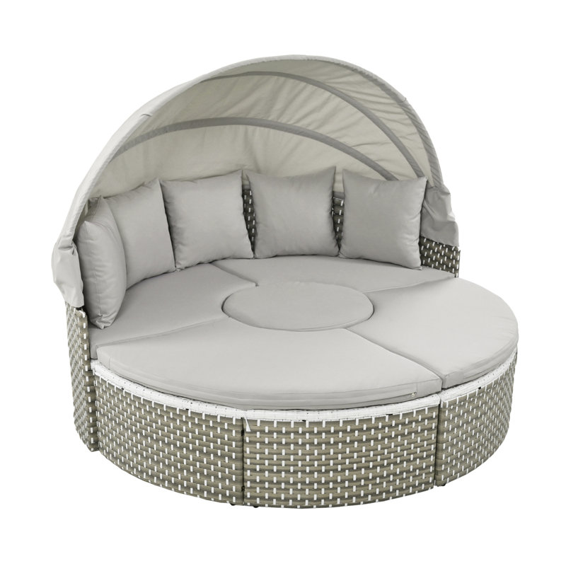 TOPMAX Patio Furniture Round Outdoor Sectional Sofa Set Rattan Daybed Two-Tone Weave Sunbed With Retractable Canopy, Separate Seating And Removable Cushion, Gray (King Size)
