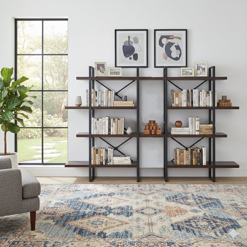 Kaecyn Metal Etagere Bookcase, 56.69" H x 82.68" W x 11.34" D, Dark Walnut