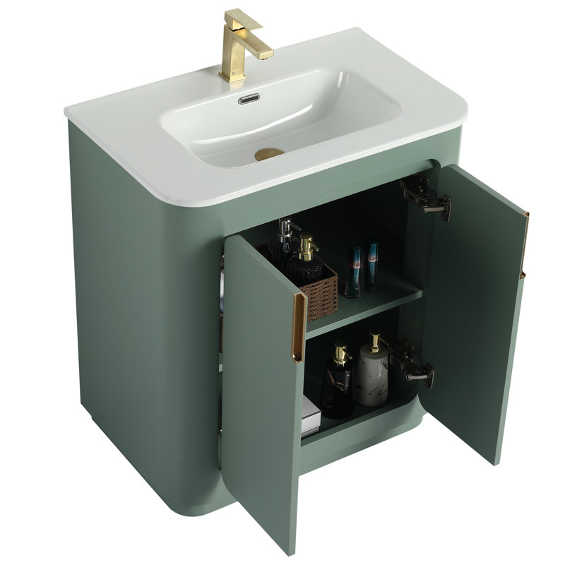Atticus 30 Inch Bathroom Vanity with Sink, Green/Satin Brass