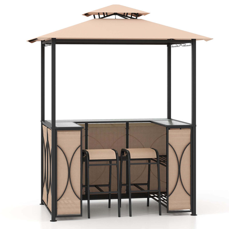 Ensemble de bar de patio en métal 3 pièces avec tablettes de rangement , Brun