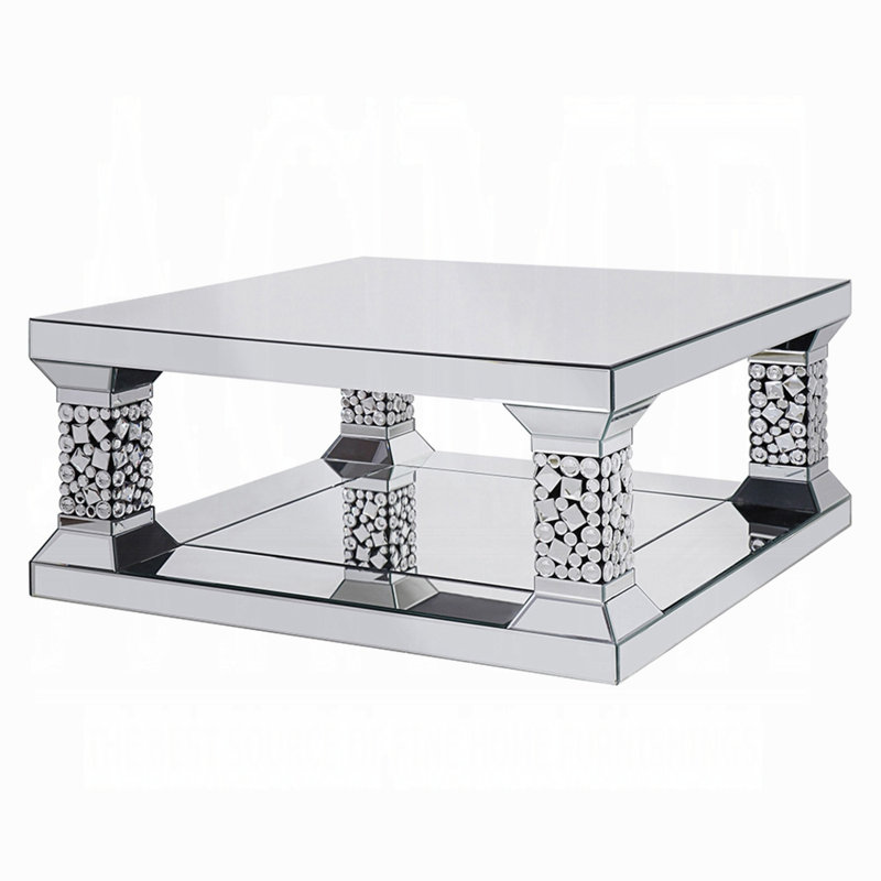 Mirrored Rectangular Coffee Table with Faux Gem Inlay