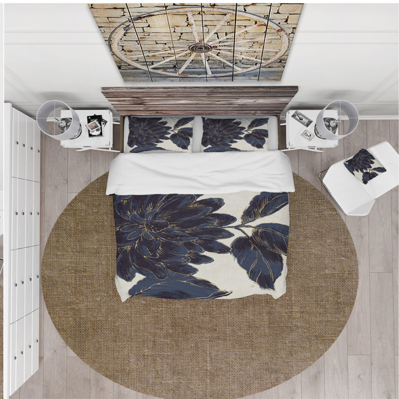 Ensemble de housse de couette campagne fleur métallique, Twin Duvet Cover + 2 Shams