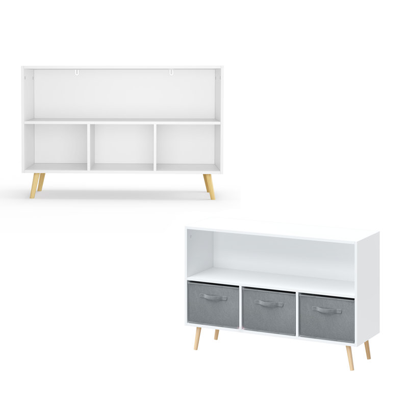 Children's Multi-Purpose Bookshelf With Collapsible Fabric Bins, White/Grey