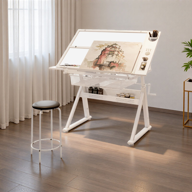 Hand Crank Adjustable Tempered Glass Drafting Drawing And Printing Table With Chair And Storage Space For Living Room, Study, Bedroom