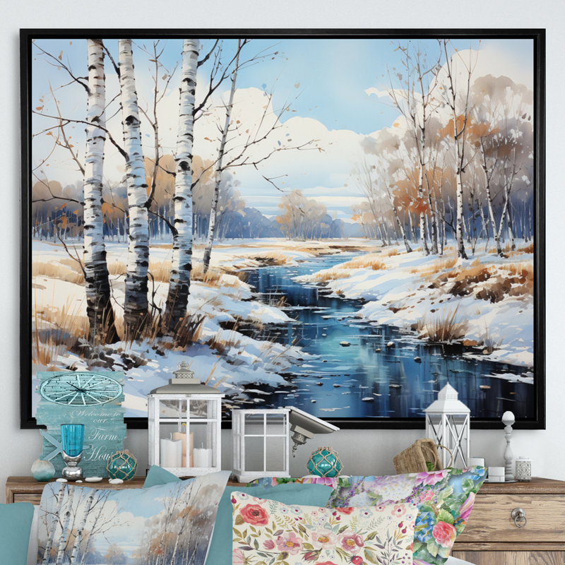 Birch Woods Winter Whispers IV - arbre, art mural Birch, H 12 po x l 20 po x P 1 po, Cadre flottant noir