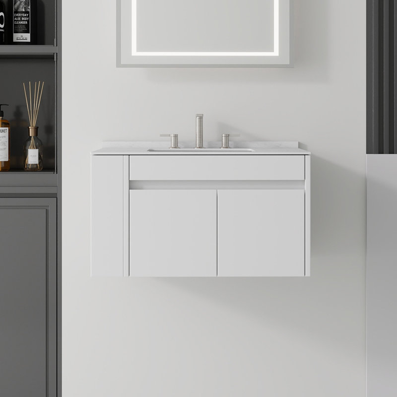Meuble-lavabo flottant 30 po avec lavabo et porte à fermeture en douceur, Blanc, 30"