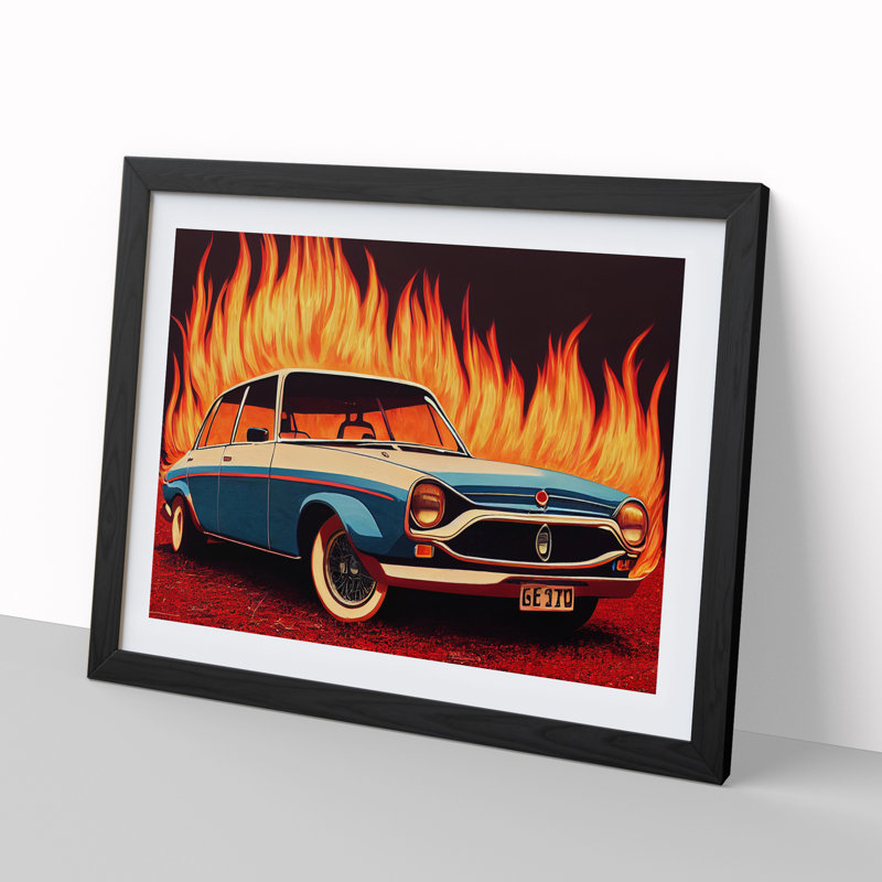 Car In Flames - Single Picture Frame Print, Black Framed, 46cm H x 64cm W x 2cm D