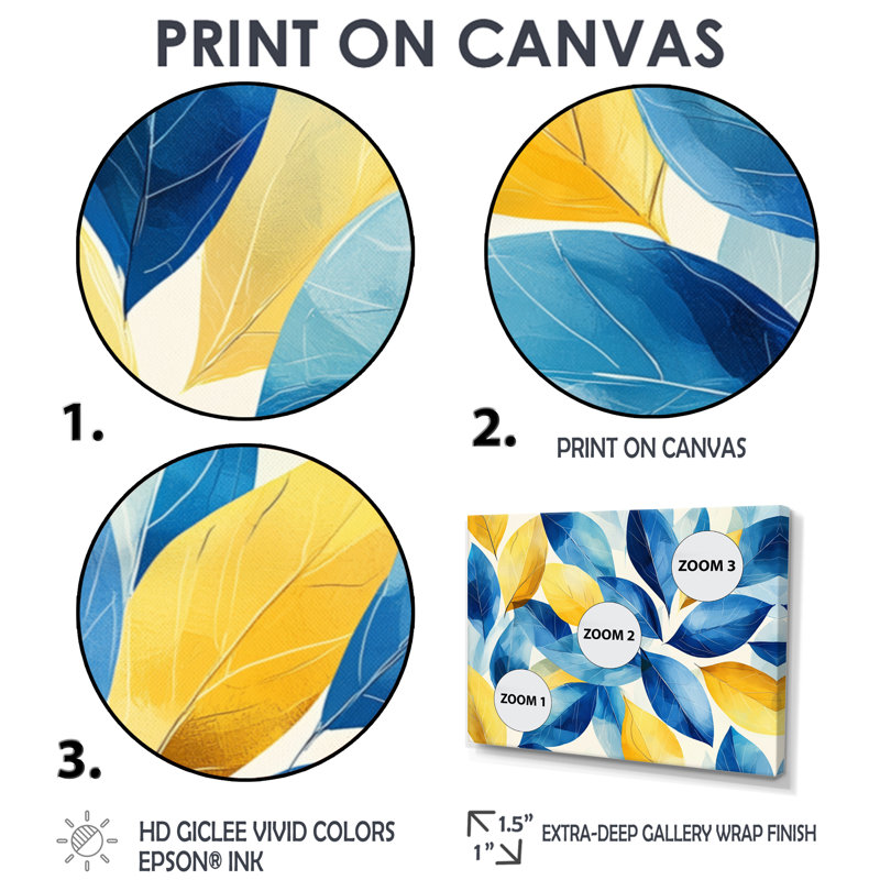Bleu, jaune, numérique, feuilles, feuilles I - feuilles, art mural, H 28 po x l 60 po, Impression encadrée flottante, Brun