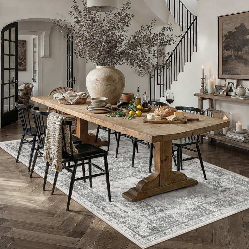 Tapis lavable rétro patiné avec envers antidérapant, Gris, Rectangle 6 pi x 9 pi