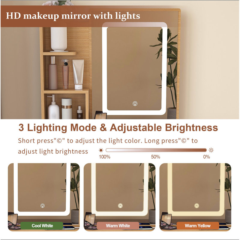 Vanity Table With LED-Illuminated Mirror, Power Outlet, Hairdryer Holder & Stool – Compact Dressing Desk For Small Bedrooms