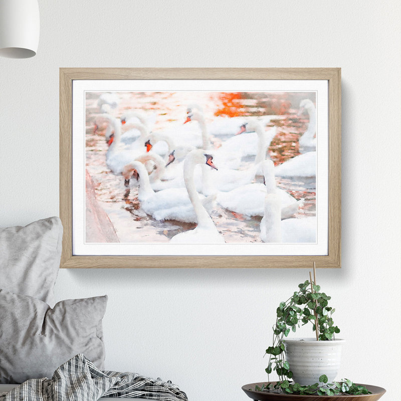 White Swans - Picture Frame Painting, 27cm H x 36cm W x 2cm D, Oak Framed