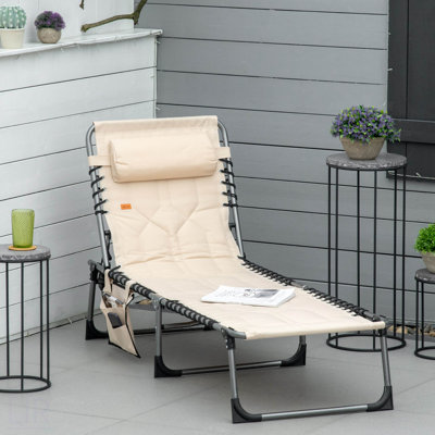 Padded Folding Chaise Lounge Chair, Outdoor 6-Level Reclining Camping Tanning Chair With Headrest For Beach, Yard, Patio, Pool, Beige, Chair