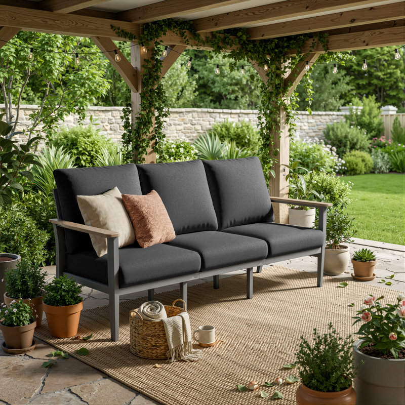 Canapé d'extérieur en aluminium de 78 po de largeur avec accoudoirs et coussins profonds en PEHD aspect bois, Noir