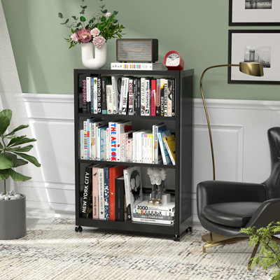 Bibliothèque mobile noire à 3 niveaux, bibliothèque en métal à 3 tablettes sur roulettes, bibliothèque robuste pour petits espaces, bibliothèque pour bureau personnel, salon, école