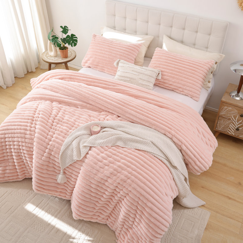 Fluffy Comforter Set 3 Pieces- All Seasons Heavy Faux Fur Comforter With Two Pillowcases, Blush