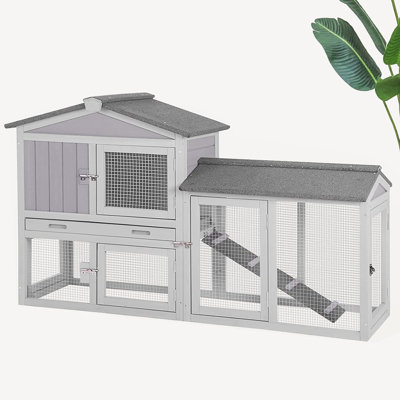 Wooden Rabbit Hutch Outdoor Hen House 6 Access Doors with Run, Deeper Leakproof Pull-Out Tray and Weatherproof Roof