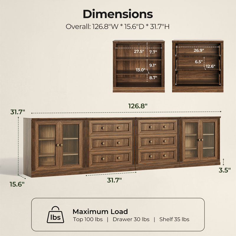 Buffet modulaire moderne Monos avec vitrines et meuble bas à 3 tiroirs, noyer, Brun