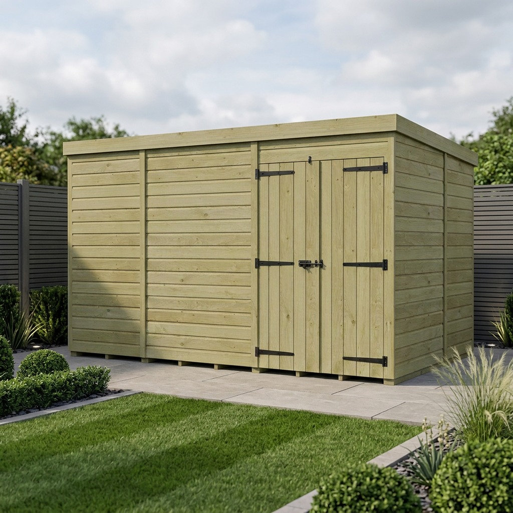 Total Sheds 13ft x 9ft Pent Garden Shed - Double Door - No Windows - Pressure Treated Timber - UK Manufactured