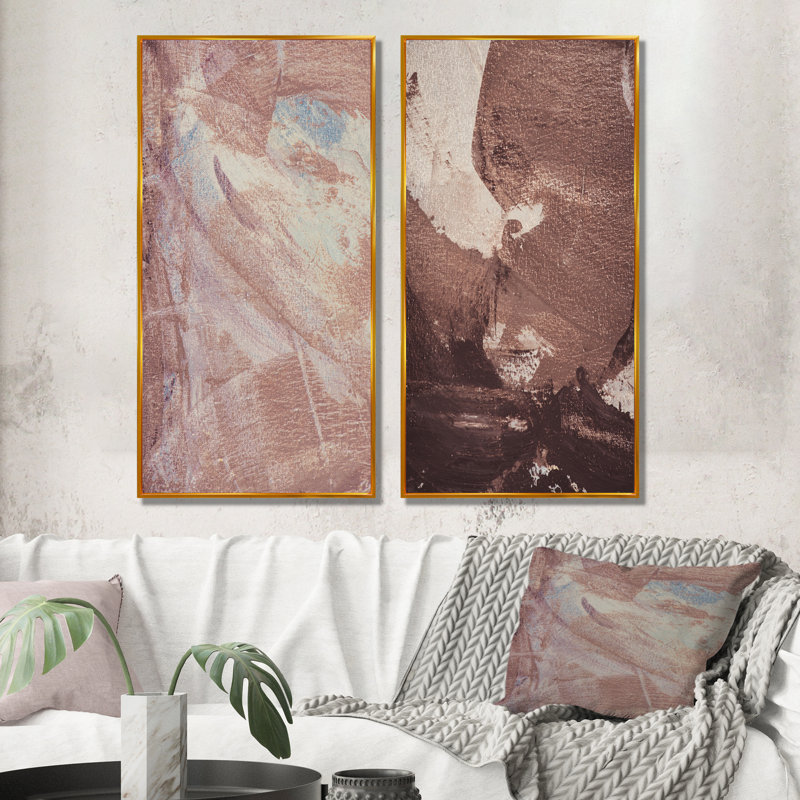 «Brown Abstract Paint Strokes», ensemble de 2 peintures sur toiles, H 20 po x l 24 po x P 1 po, Cadre flottant doré