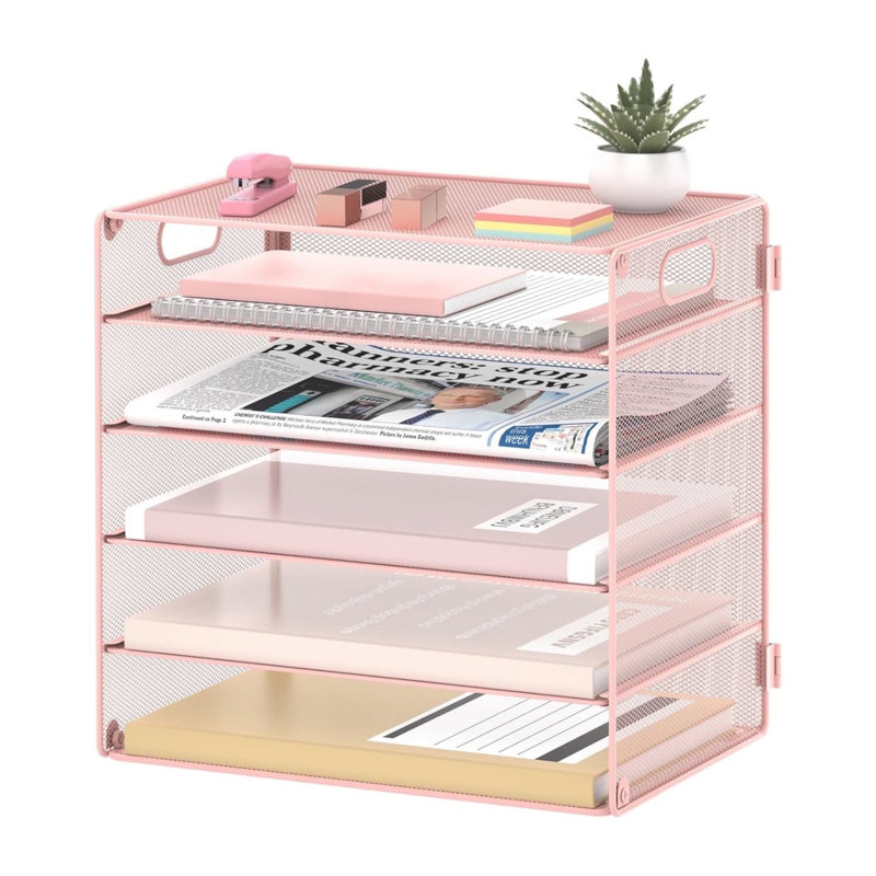 Classeur en métal à 5 niveaux avec poignée, chemises pour papier à lettre, Rose
