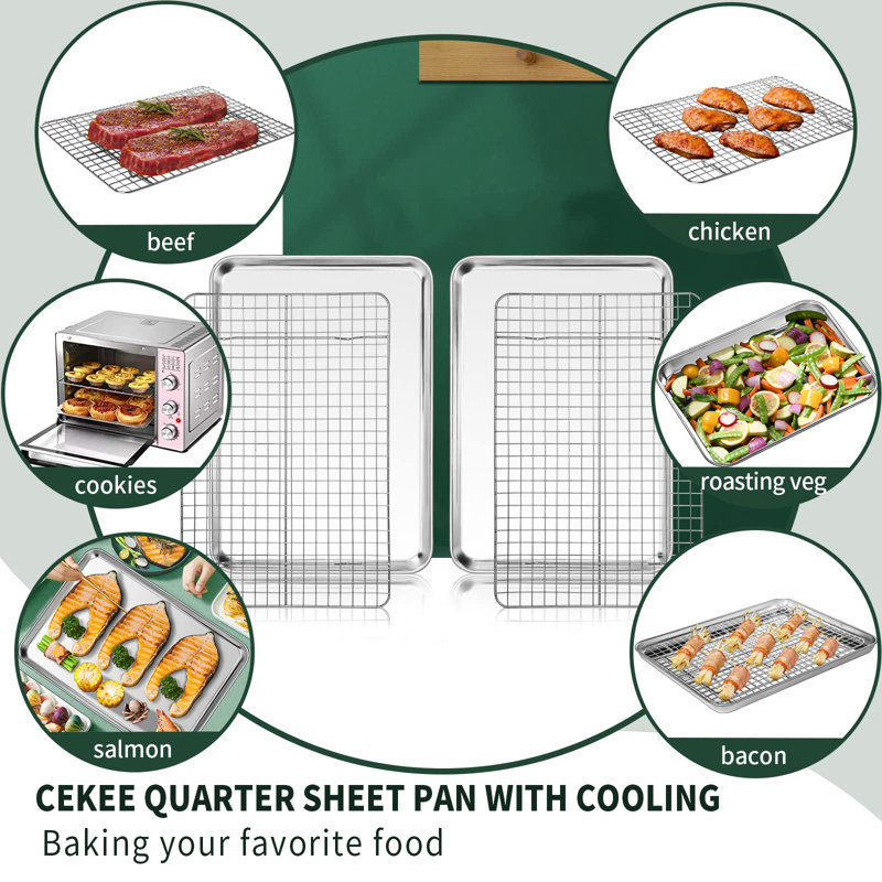 Quarter Sheet Pan With Cooling Rack Set [2 Baking Sheets + 2 Baking Racks], Stainless Steel Cookie Sheets，Silver