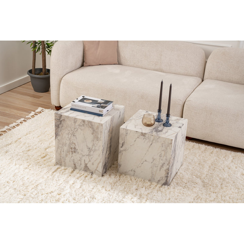 Chrisina Modern Side Table Set (2 Pieces), Freesia Marble Finish, 15.7 x 15.7 x 15.7 inches & 15.7 x 17.7 x 15.7 inches | 100% MDF, Thickness: 0.71 inches | Stylish & Functional for Living Room, Bedroom & Office Decor