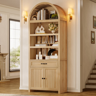 Bibliothèque arquée de 84,6 po de hauteur, bibliothèque arquée à 6 niveaux avec armoire et tiroirs, étagère de rangement moderne pour salon, chambre à coucher, bureau à domicile, chêne