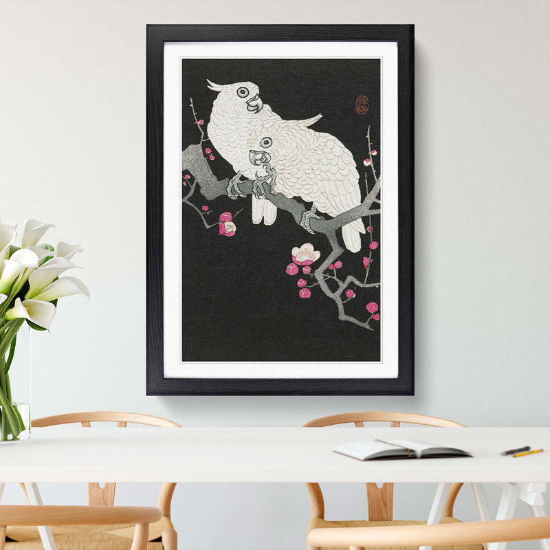 Plum Blossom Tree with Two Cockatoos by Ohara Koson - Picture Frame Painting Print on MDF, 50cm H x 35cm W x 2cm D, Black