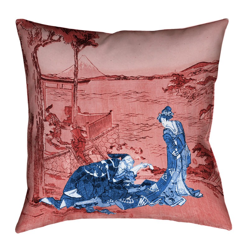 Coussin Katsushika Hokusai, 18 po x 18 po, Bleu / Rouge