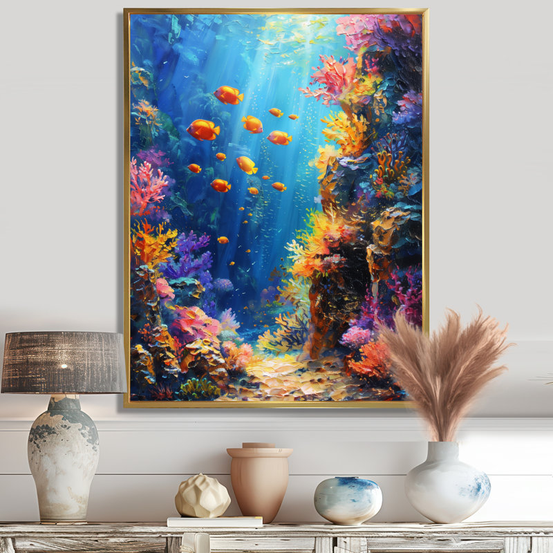 «Blue Orange Coral Marine Life II», impression d'art mural corail, Cadre photo noir, H 16 po x l 32 po