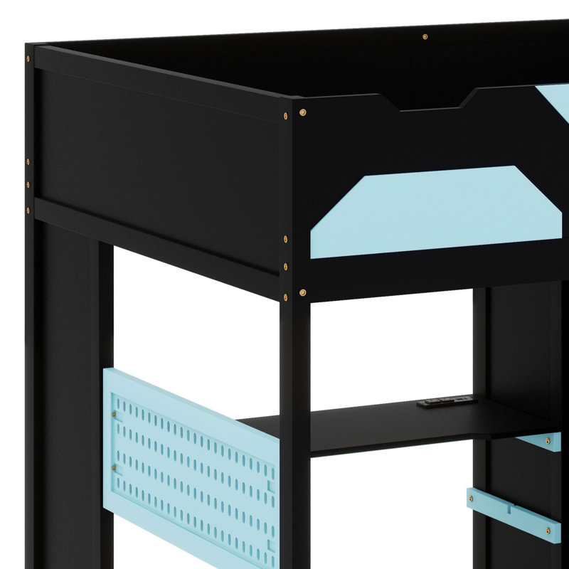 Lit mezzanine multifonctionnel en bois avec bureau, armoire, tablettes, éclairage USB et RVB, Bleu nuage