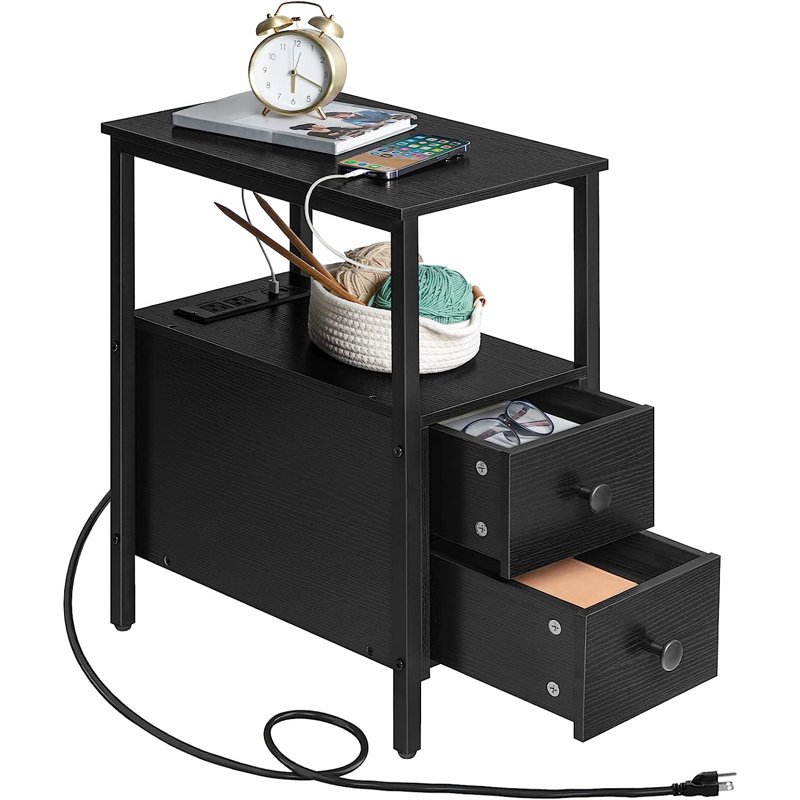 Artimon 24'' Tall 2 - Drawer End Table Set with Storage and Charging Station, Black