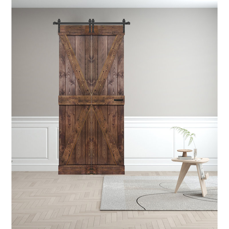 Porte de grange pliante en bois massif de style K avec trousse de quincaillerie - assemblage requis, Noyer foncé