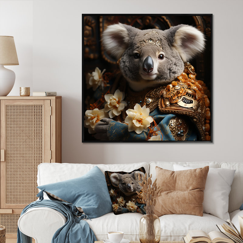 King Koala Blooms 2 - Koala, art mural animal, H 30 po x l 30 po x P 1,5 po, Cadre flottant noir