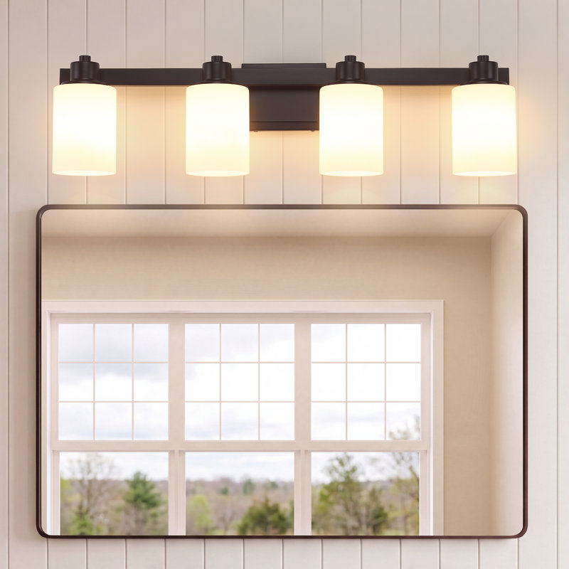 Éclairage pour salle de bain 4 lumières 32 po en bronze huilé avec abat-jour en verre givré blanc laiteux, luminaire pour salle de bain sur miroir